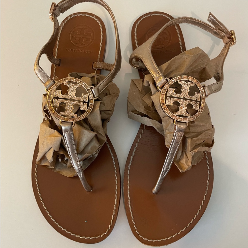 Tory Burch Violet Womens 9 M Metallic Leather Logo Thong Sandals Flats 21148536